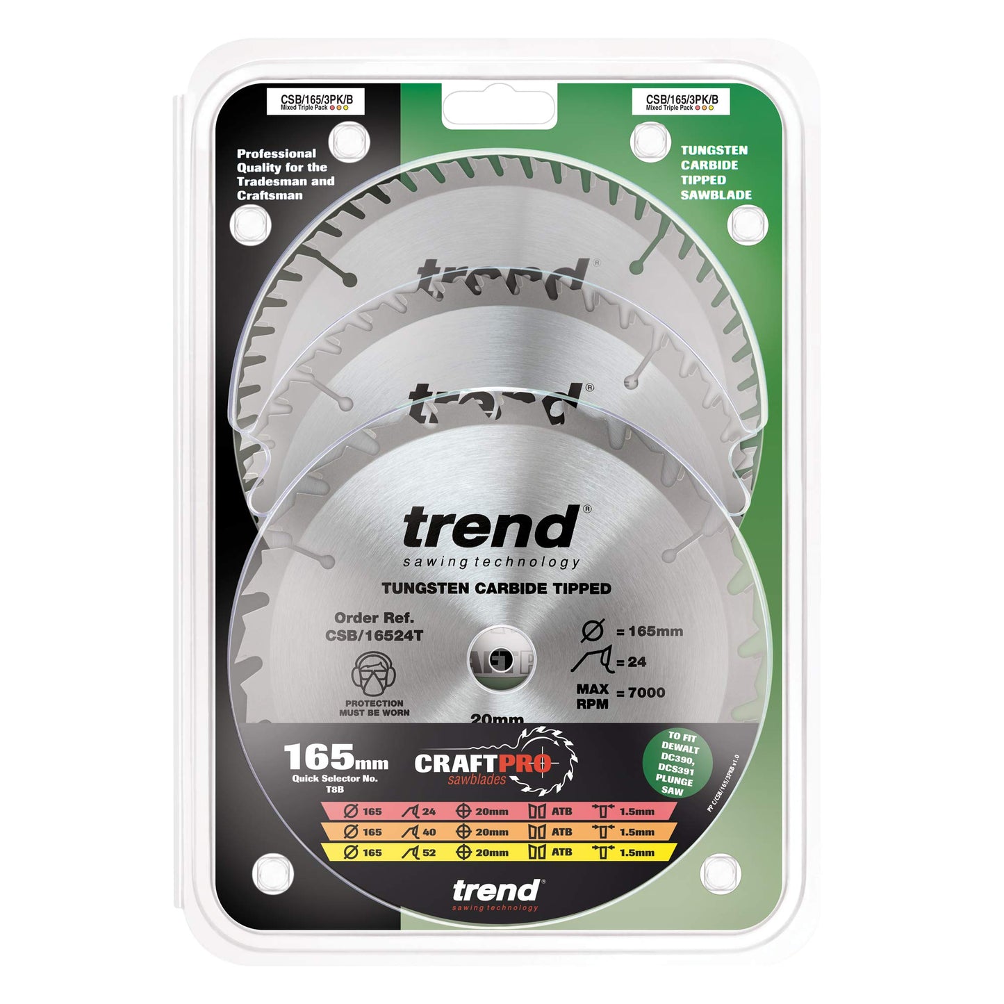 Trend Wood Cordless Circular Saw Blades, 165mm Diameter, 20mm Bore, 24/40/52 Teeth, 1.5mm Kerf, +15° Hook, TCT, Medium/Fine/Extra-Fine Finish, 3 Pack, CSB/165/3PK/B 165mm x 24, 40 & 52 Teeth 165mm x 24, 40 and 52 Teeth x 20 Bore