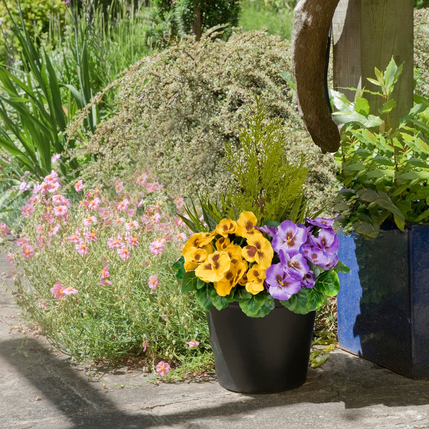 Artificial Purple and Yellow Faux Silk Pansies with Grasses/Conifer Topiary in a Black Pot Patio Planter Ideal for Home, Patio, Garden Outdoor Living 60cm/23.5in Purple & Yellow