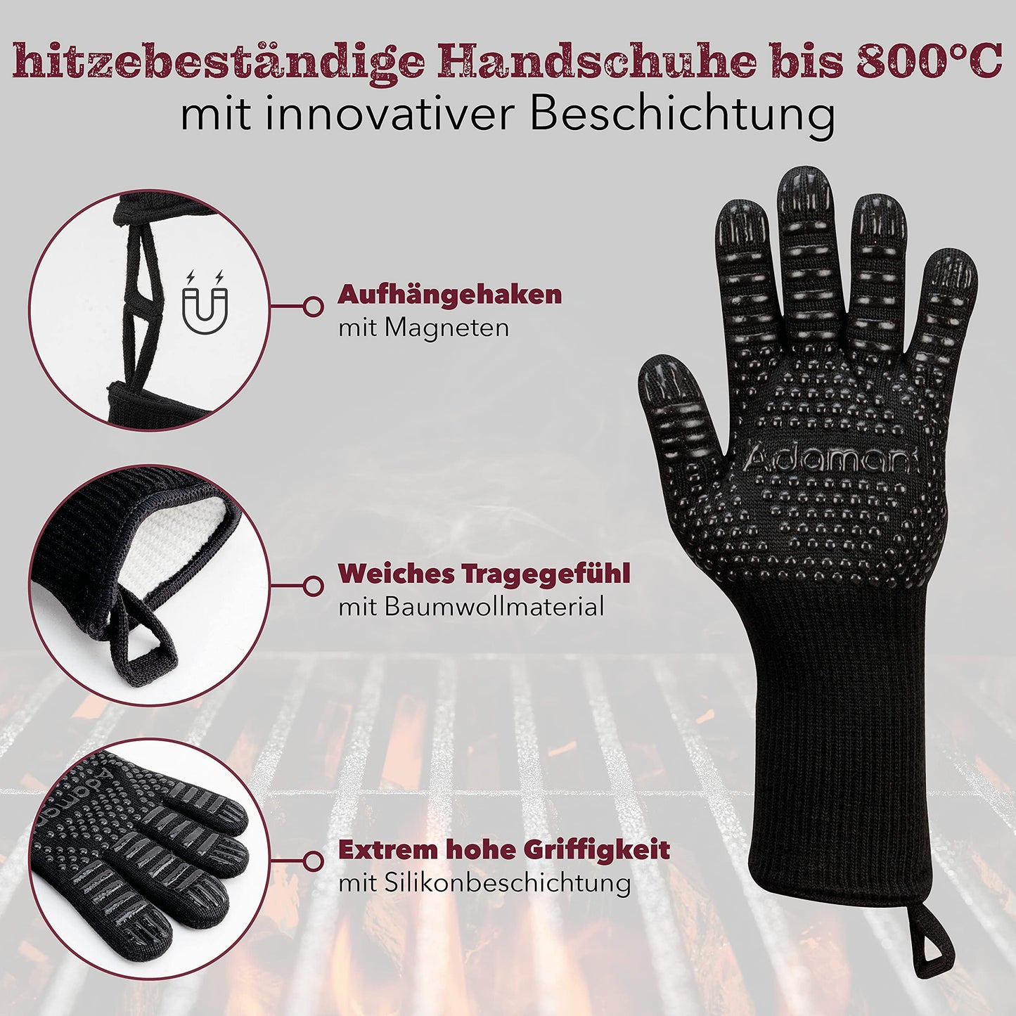 Adamant Barbecue Gloves for Heat Protection up to 800 °C [EN407 Certified] – Oven Gloves Set for Grilling – Universal Size Grill Accessories – Non-Slip Barbecue Gloves Heat Resistant