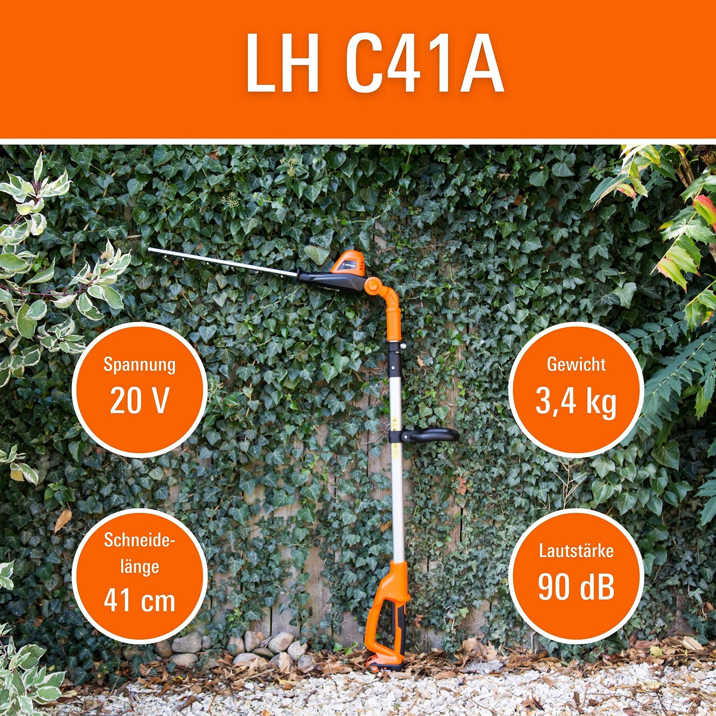 Yard Force Pole Hedge Trimmer Cordless - Extendable, Long Reach, 41cm Cutting Length, 20V Lithium-ion battery & Charger, 135° Adjustable Head, Dual Action Blades - LH C41A Orange