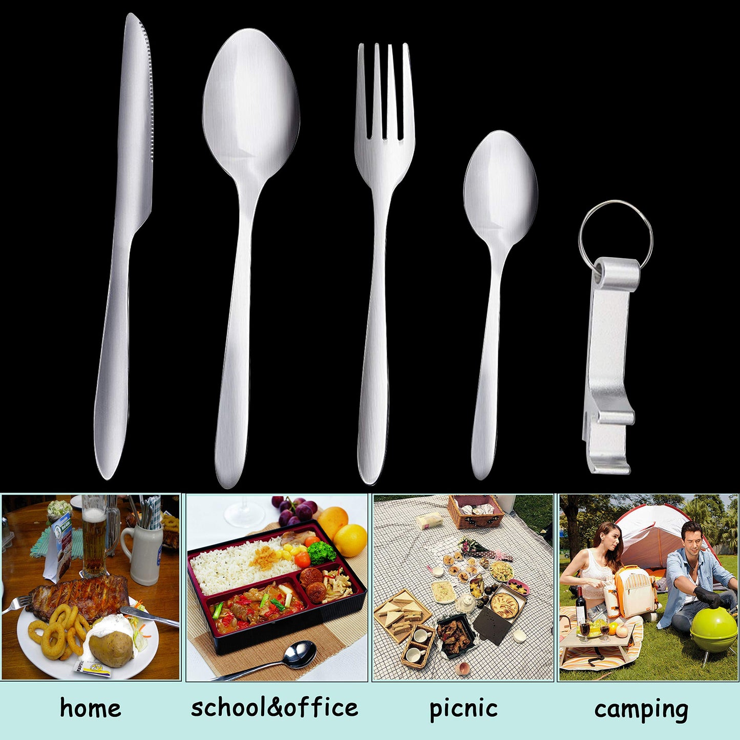 ZKSM Camping Cutlery Set Stainless Steel Flatware Set with Knife, Fork, Spoon, Tea Spoon, Bottle Opener Portable Utensils for Travel Camping Include Storage Bag（5 pcs）