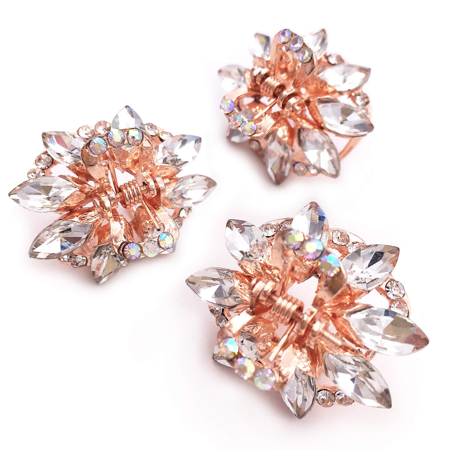 3PCS Crystal Rhinestone Rose Gold Tone Small Metal Hair Claw Clips for Women Girls