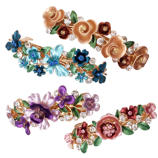 4PCS Colorful Vintage Flower Design Metal French Barrettes Hair Clasps Accessories Women Girls