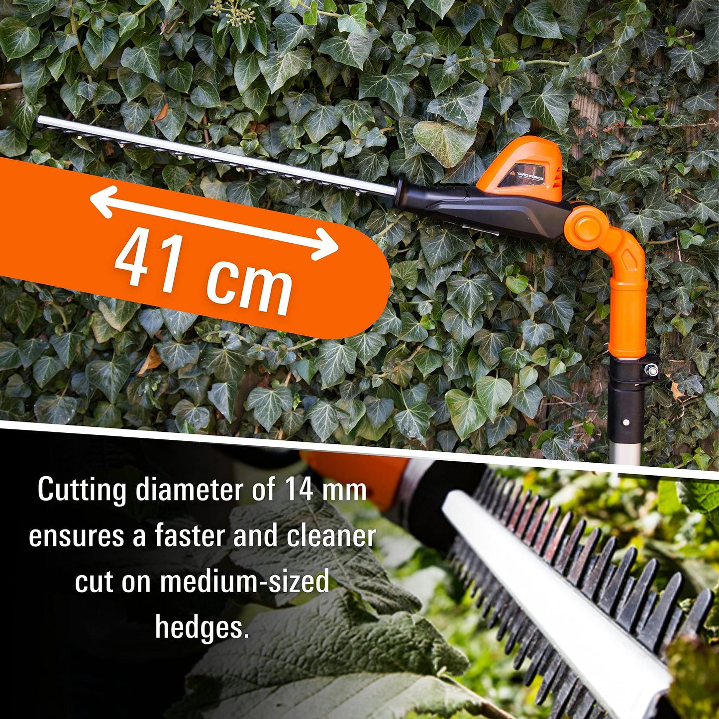 Yard Force Pole Hedge Trimmer Cordless - Extendable, Long Reach, 41cm Cutting Length, 20V Lithium-ion battery & Charger, 135° Adjustable Head, Dual Action Blades - LH C41A Orange