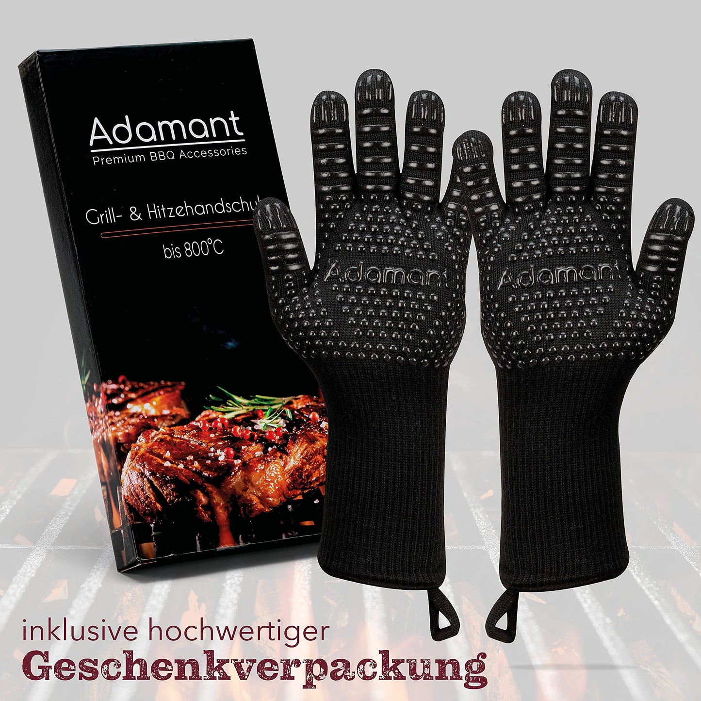 Adamant Barbecue Gloves for Heat Protection up to 800 °C [EN407 Certified] – Oven Gloves Set for Grilling – Universal Size Grill Accessories – Non-Slip Barbecue Gloves Heat Resistant