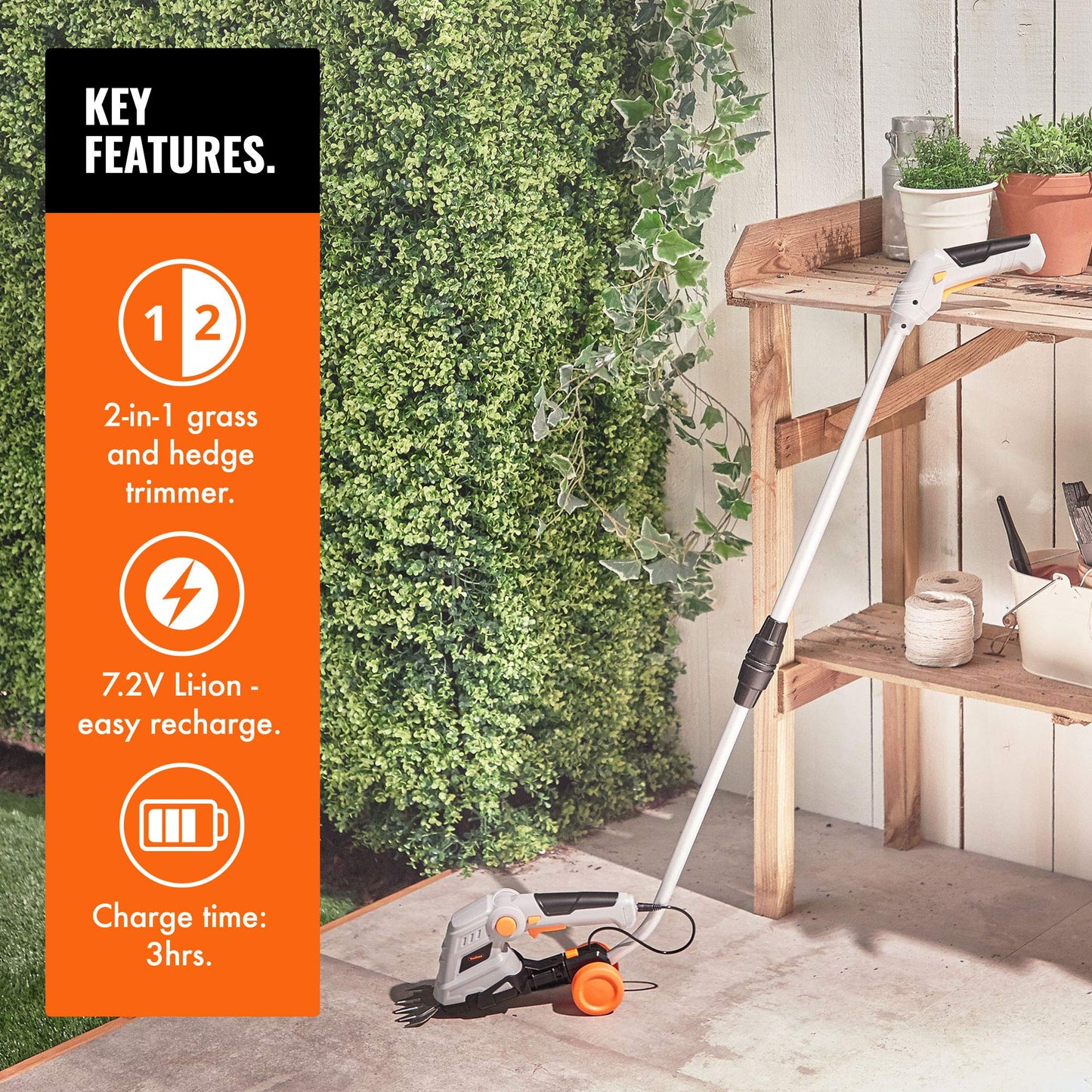 VonHaus 7.2V 2 in 1 Grass and Hedge Trimmer - Battery Powered Cordless, Interchangeable Blades, Easy Tool Blade Change, Telescopic Handle & Trolley Wheel Attachments - Lightweight Electric Trimmer