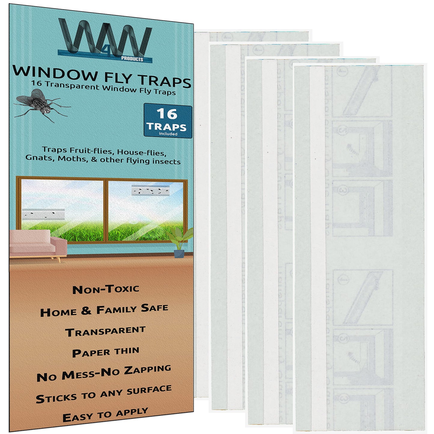 W4W Flies & Bug Window Fly Trap - Indoor / Outdoor Non Toxic Clear Window Fly Traps - 16 Pack