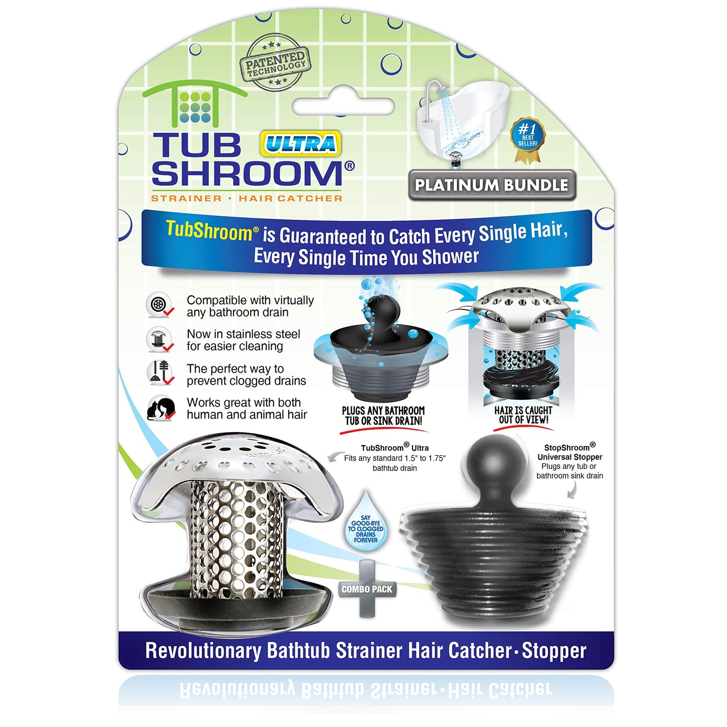 TubShroom Bathtub Hair Catcher Drain Protector Silicone Stainless Steel Standard Bathtub Combo Single