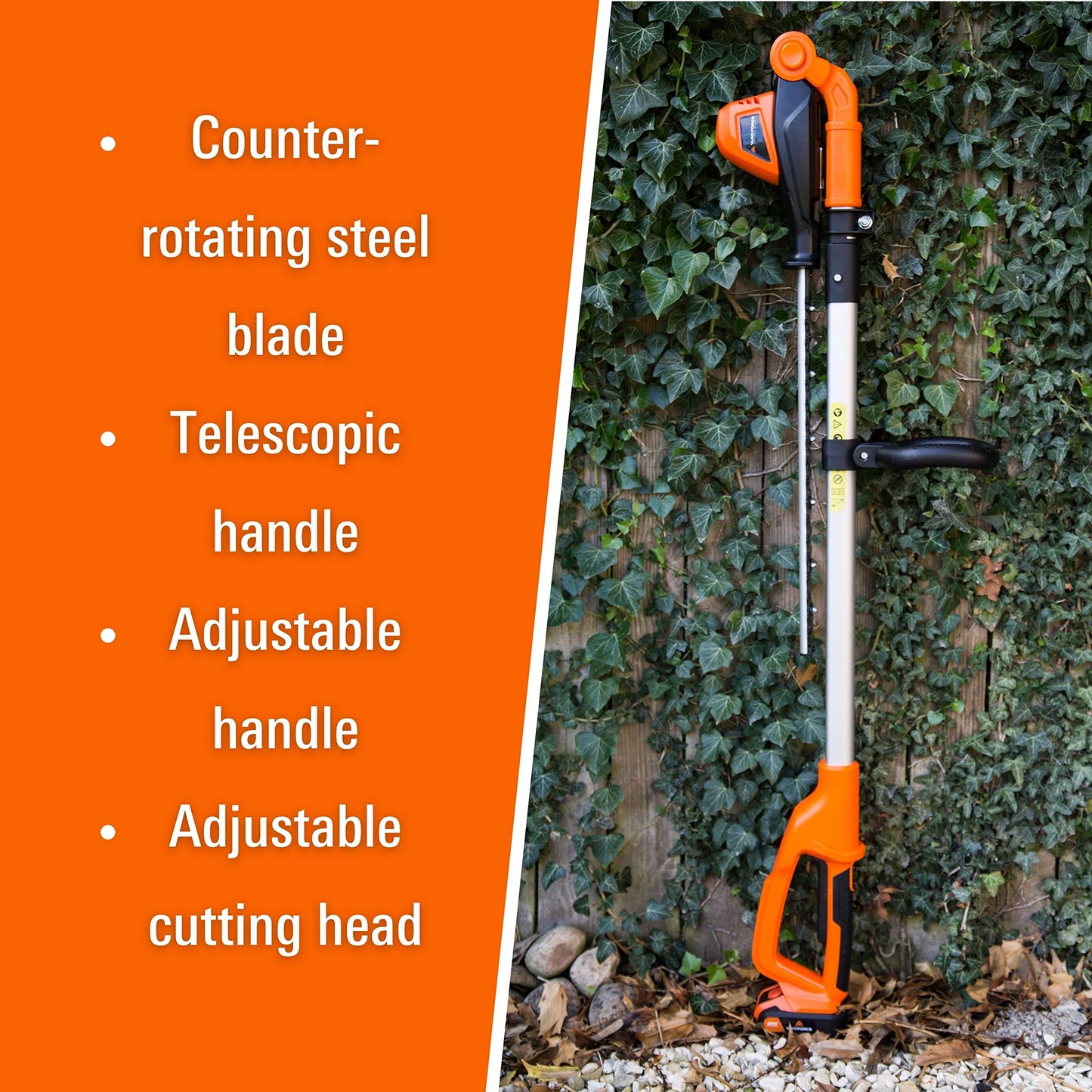 Yard Force Pole Hedge Trimmer Cordless - Extendable, Long Reach, 41cm Cutting Length, 20V Lithium-ion battery & Charger, 135° Adjustable Head, Dual Action Blades - LH C41A Orange