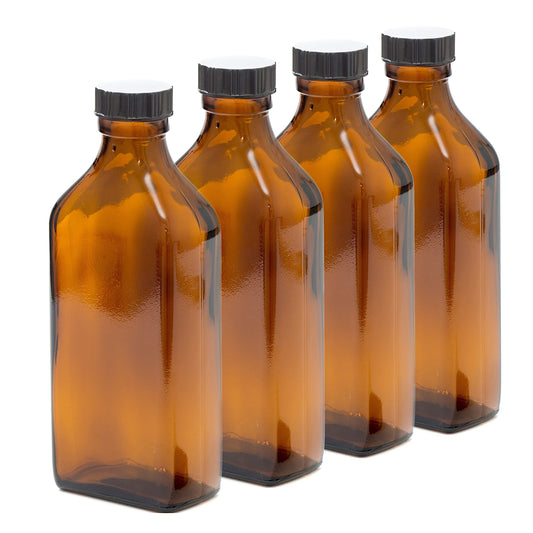 Aura 200ml Rectangular AMBER Glass Bottle with BLACK Lid - PACK of 4